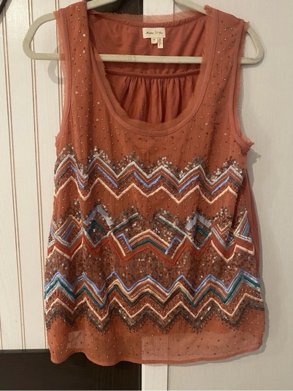 Anthropologie Meadow Rue Chevron Beaded Coral Sequin Embellished Top Medium